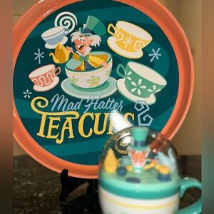 Mad Hatter Tea Cups Serving Platter and Tea Cup with Lid Set
